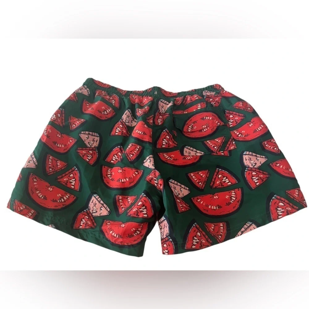 NWT Pink Chicken Blue Rooster Men’s Watermelon Puzzle Swim Trunks in size XL